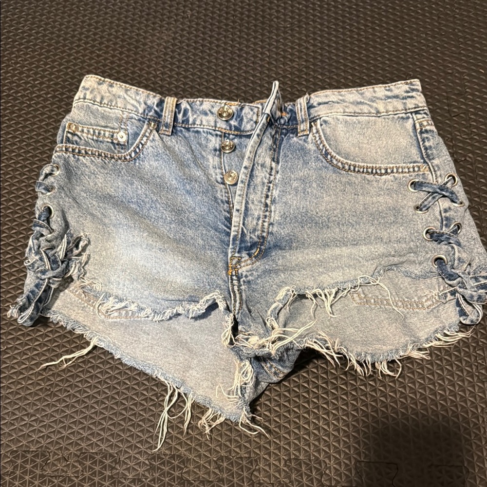 Divided Light Blue Jean Shorts with Lace-Up Sides